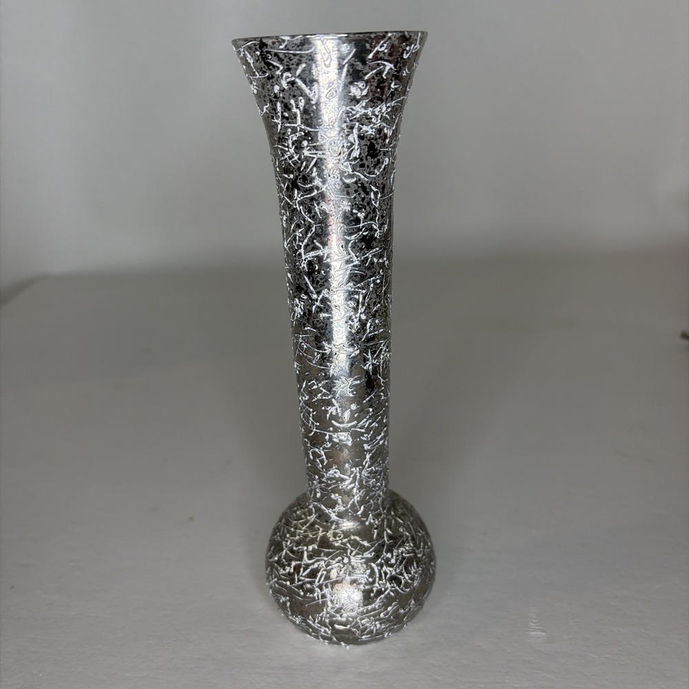 Splatter Paint 8" Vase Bulb Bottom Gold‎ White Hint of Pink Clear Glass Vessel